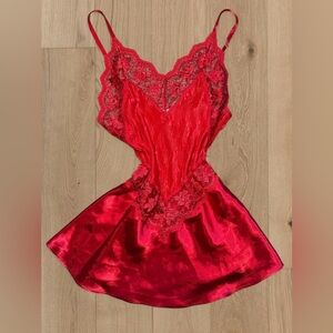 Vintage Seductive Wear by Cinema Etoile Red Satin & Lace Babydoll Slip